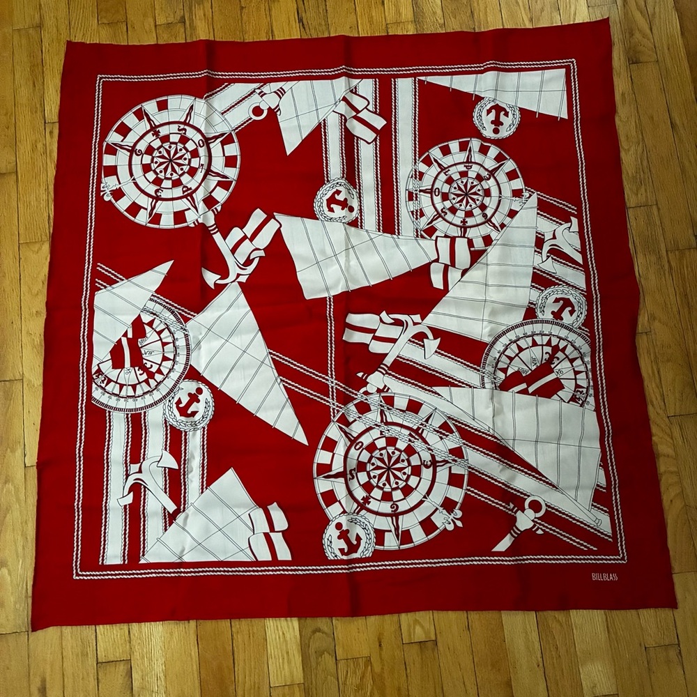 Vintage Bill Blass Red/White Nautical Yacht Anchor Sail Boat Square Silk Scarf